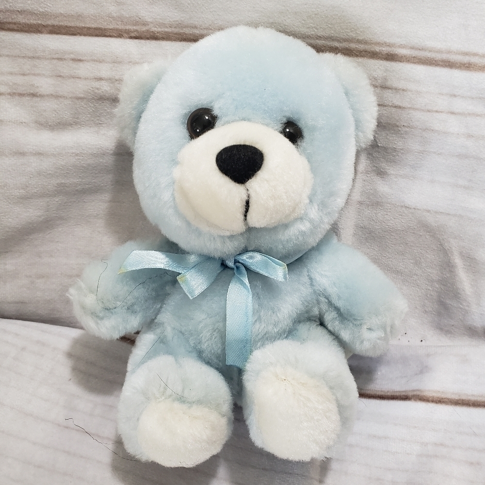 Vintage Atico International Blue White Teddy Bear 6" Stuffed Animal Satin Bow
